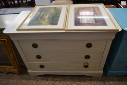 MODERN CREAM PAINTED THREE DRAWER CHEST WITH RINGLET HANDLES, 117CM WIDE