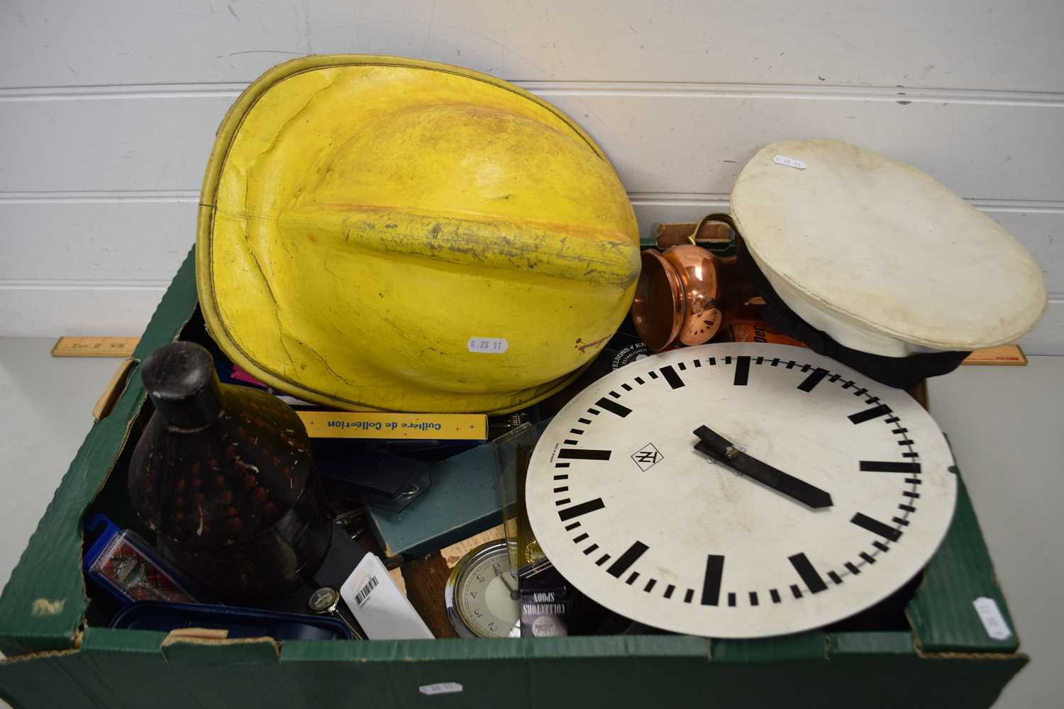 FIREMAN'S HELMET, WALL CLOCK, VARIOUS COLLECTORS SPOONS, NAVAL HAT MARKED HMS DOLPHIN AND OTHER