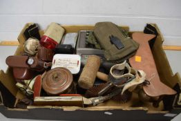 BOX OF MIXED ITEMS TO INCLUDE VINTAGE ADDING MACHINE, COPPER MOUNTED FOOTMAN, RIDING SPURS, AND
