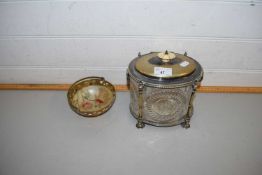 CUT GLASS BISCUIT BARREL WITH SILVER PLATED MOUNTS TOGETHER WITH A FURTHER SMALL BRASS PEDESTAL