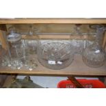 VARIOUS MIXED GLASS WARES TO INCLUDE DECANTERS, GLASS BOWL, JARS ETC