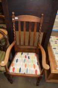 EARLY 20TH CENTURY OAK CARVER CHAIR WITH REUPHOLSTERED SEAT