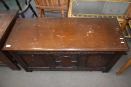20TH CENTURY OAK COFFER OR BLANKET BOX WITH CARVED DETAIL, 106CM WIDE