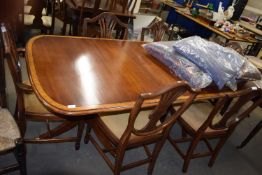 GOOD QUALITY REPRODUCTION MAHOGANY TWIN PEDESTAL DINING TABLE AND SIX SHIELD BACK DINING CHAIRS