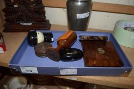 BOX OF MIXED ITEMS - TURNED WOODEN GOBLETS, CIGARETTE CASES, PAPIER MACHE SNUFF BOX ETC