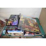 BOX OF VARIOUS CDS, DVDS, BEATLES RECORD ETC