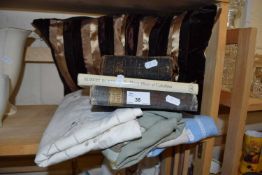 MIXED LOT ASSORTED BOOKS TABLE CLOTH CUSHION ETC