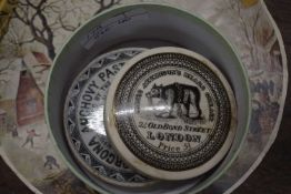 CO-OPERATIVE SOCIETY ANCHOVY PASTE POT LID TOGETHER WITH A JAMES ATKINSONS BEARS GREASE POT LID (2)