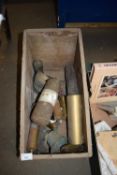 BOX OF MIXED LONGCASE CLOCK WEIGHTS, BELLS AND OTHER ITEMS