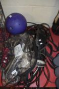 QUANTITY OF HORSE BRIDLES, STRAPS ETC, TOGETHER WITH EXERCISE BALL