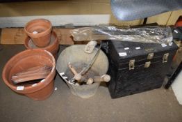 FISHING SEAT BOX, GALVANISED BUCKET AND ASSORTMENT OF VARIOUS TERRACOTTA PLANT POTS AND SAUCERS