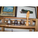 SILVER PLATED MUFFIN DISH, AND OTHER ITEMS, PLUS A FURTHER CARVED WOODEN FIGURE