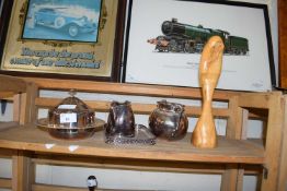 SILVER PLATED MUFFIN DISH, AND OTHER ITEMS, PLUS A FURTHER CARVED WOODEN FIGURE