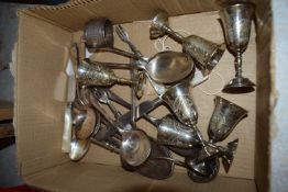 ONE BOX MIXED SILVER PLATED CUTLERY, MINIATURE GOBLETS ETC
