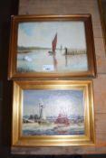 BEDINGFIELD, STUDY OF A BROADLAND SCENE WITH WINDMILL, TOGETHER WITH AN OIL ON BOARD, GILT FRAMED,