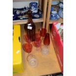 MIXED LOT CRANBERRY WINE GLASSES BOHEMIAN CUT GLASS DECANTER AND OTHER ITEMS