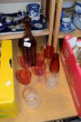 MIXED LOT CRANBERRY WINE GLASSES BOHEMIAN CUT GLASS DECANTER AND OTHER ITEMS