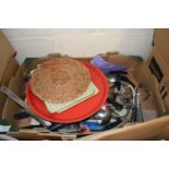 BOX OF MIXED CUTLERY, KITCHEN WARES ETC