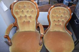 LATE VICTORIAN BUTTON BACK ARMCHAIR WITH SHORT CABRIOLE LEGS TOGETHER WITH MATCHING NURSING CHAIR