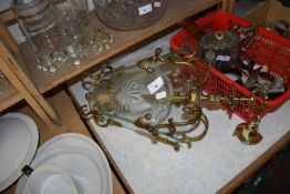 BRASS AND CUT GLASS CEILING LIGHT FITTING