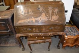 20TH CENTURY ORIENTAL BUREAU WITH CARVED DECORATION AND ACCOMPANYING STOOL