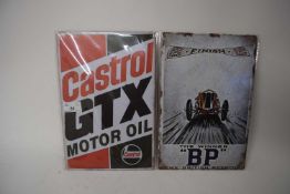 Two thin metal signs 'Castrol GTX Motor Oil' and 'BP' (2)