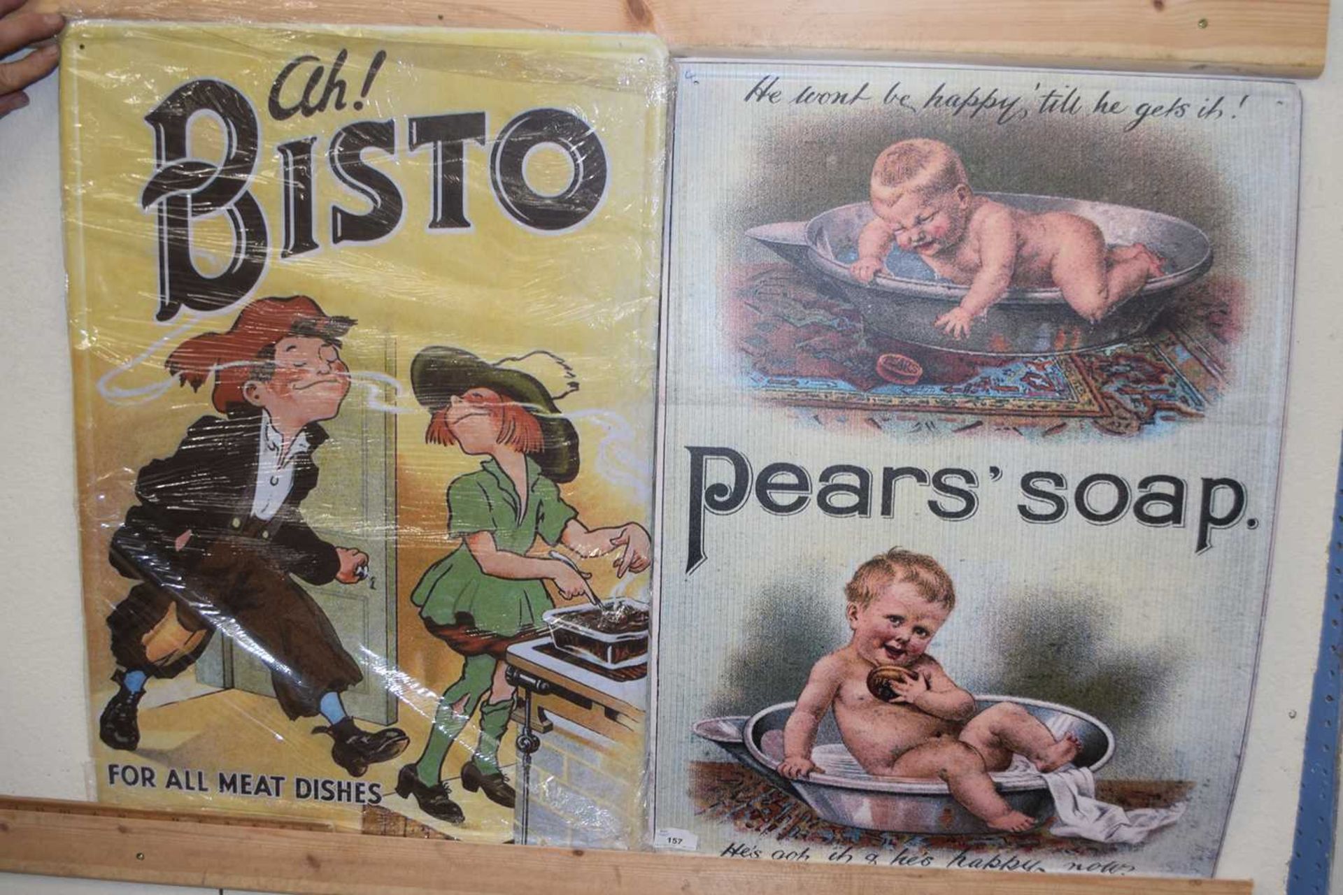 Two thin metal signs 'Bisto' and 'Pears Soap'