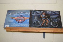 Two thin metal advertising signs 'Pump N Go Gas' and 'Harley Davidson Motor Cycles' (2)