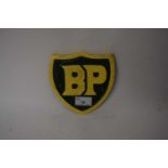 Small cast iron shield shaped advertising sign 'BP'