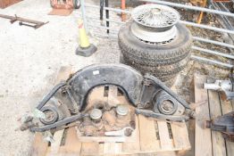 Pallet of Sunbeam Alpine parts to include set of wirespoke wheels, front axle etc