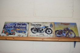 Three thin metal signs, Ford and Fordsons Cars Trucks and Tractors and two Triumph Motor Cycles (3)
