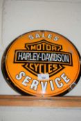 Circular enamel sign 'Harley Davidson Motor Cycles'