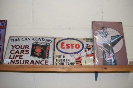 Three thin metal signs 'Castrol' 'Esso' and 'Shell Motor Oil' (3)