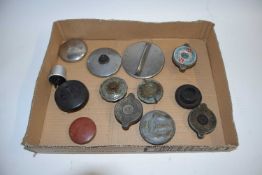 One box of various oil cap covers, fuel cap covers etc to include brass Ford etc