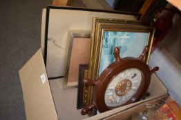 ONE BOX OF MIXED PICTURES, SHIP'S WHEEL CLOCK ETC