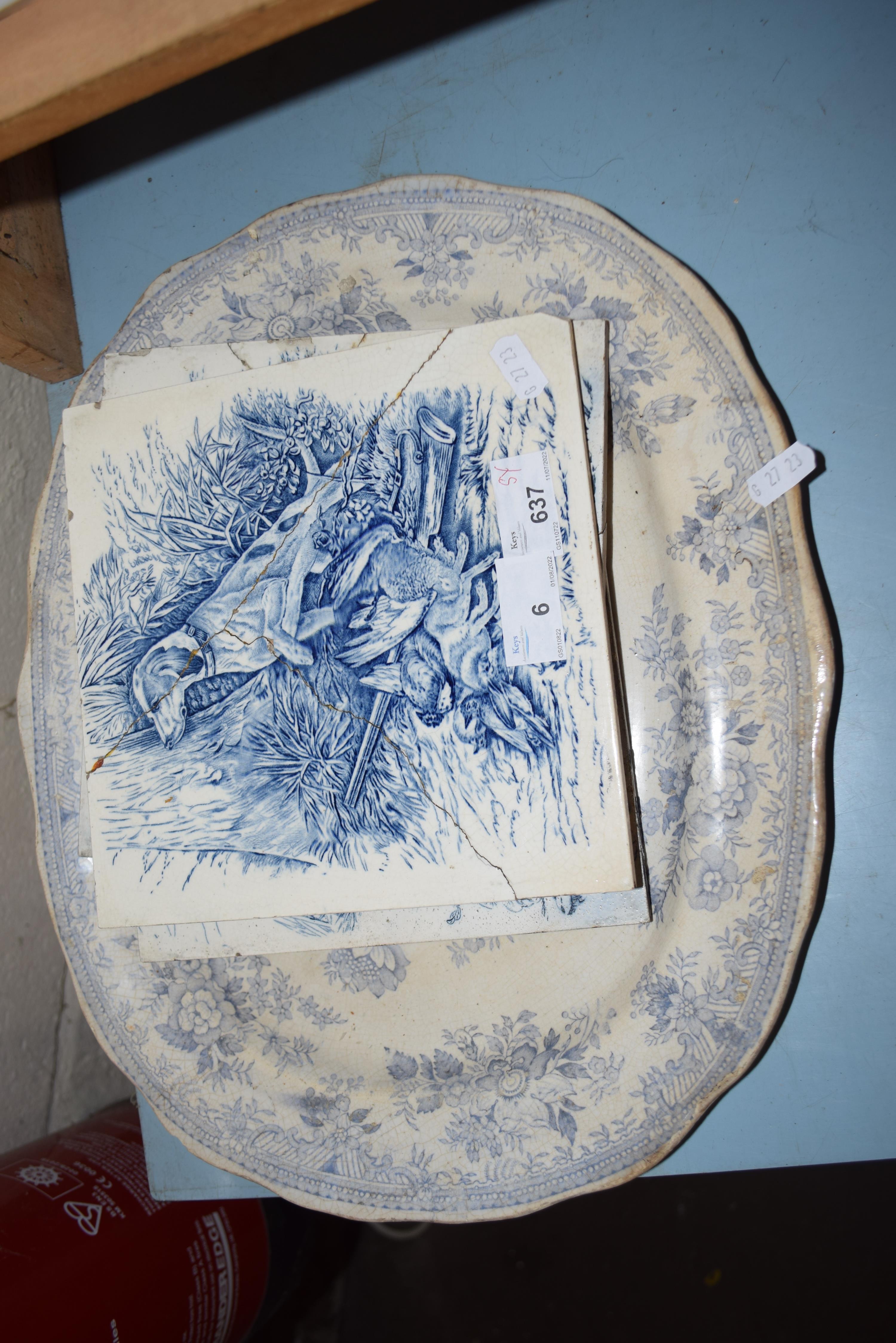 MIXED LOT: BLUE AND WHITE MEAT PLATE AND THREE WEDGWOOD TILES (A/F)