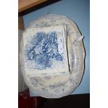 MIXED LOT: BLUE AND WHITE MEAT PLATE AND THREE WEDGWOOD TILES (A/F)