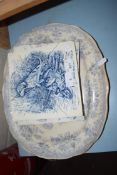 MIXED LOT: BLUE AND WHITE MEAT PLATE AND THREE WEDGWOOD TILES (A/F)
