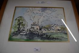 British 20th Century, A sketch of a farmstead under clouds, pen, watercolour, unsigned, 11 x 15ins