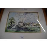 British 20th Century, A sketch of a farmstead under clouds, pen, watercolour, unsigned, 11 x 15ins