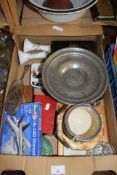 BOX OF MIXED ITEMS TO INCLUDE PEWTER TAZZA, DESK STAND ETC