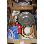 BOX OF MIXED ITEMS TO INCLUDE PEWTER TAZZA, DESK STAND ETC