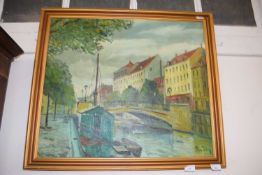 Max Ulvig (Danish, 20th century) Amsterdam, oil on board, signed, 22x25ins, framed.