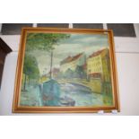 Max Ulvig (Danish, 20th century) Amsterdam, oil on board, signed, 22x25ins, framed.