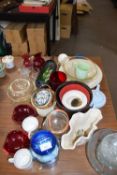 MIXED LOT OF GLASS WARES, KITCHEN WARES, VASES ETC