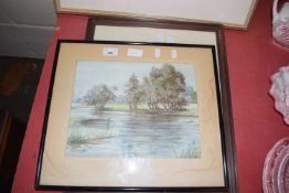 HERBERT OAKES, WATERCOLOUR STUDY, ANGLER BY A RIVERBANK, TOGETHER WITH FURTHER COLOURED PRINT '