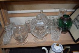 19TH CENTURY LEAD GLASS RUMMER TOGETHER WITH FURTHER CUT GLASS VASES, JUGS, BISCUIT BARREL, CRUET