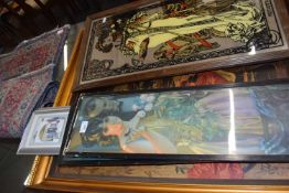 MIXED LOT OF ART NOUVEAU STYLE WALL MIRROR, VARIOUS COLOURED PRINTS (5)