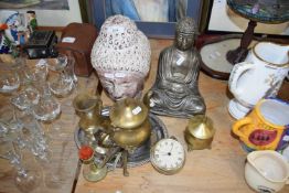 MIXED LOT: CONTEMPORARY BUDDHA FIGURES, VARIOUS BRASS WARES AND OTHER ITEMS