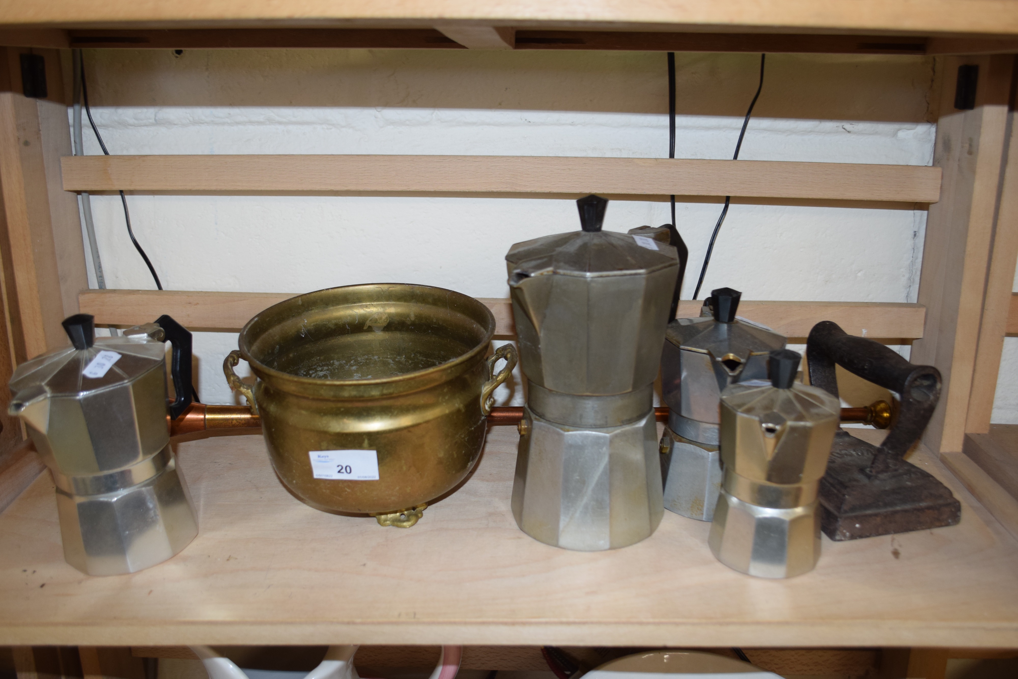 BRASS JARDINIERE, FLAT IRON, COPPER HORN AND SMALL ALUMINIUM TEA POT